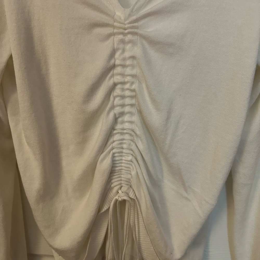 Chic Cream V-Neck Ruched Sweater - Picture 2 of 9